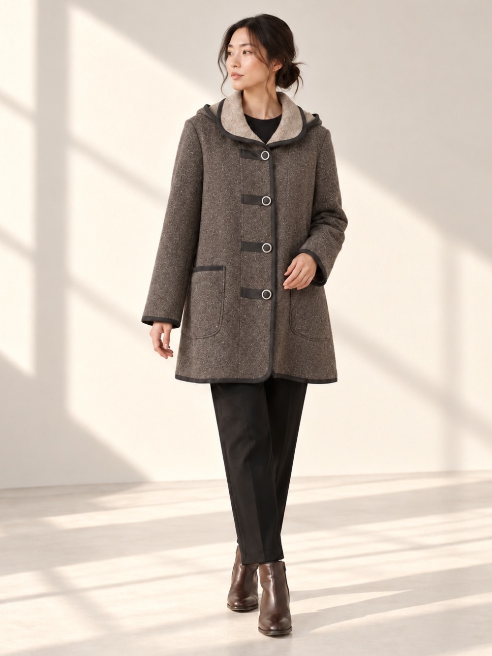 Vintage Niccolini Hooded Wool Blend Coat Taupe Brown Lagenlook Sz 14